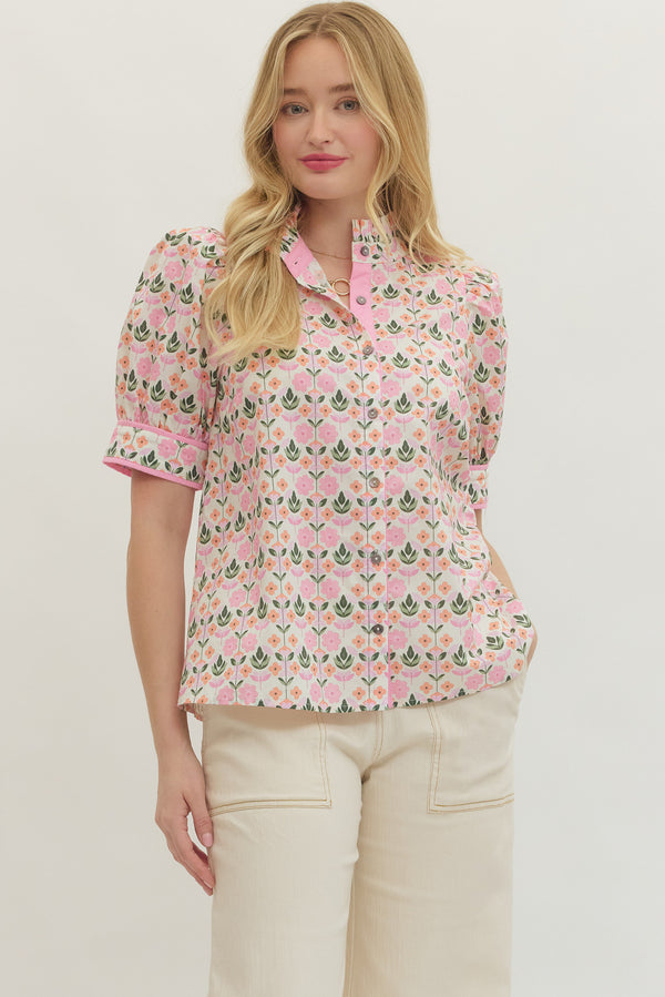 Botanical Print Puff Sleeve Top- Pink