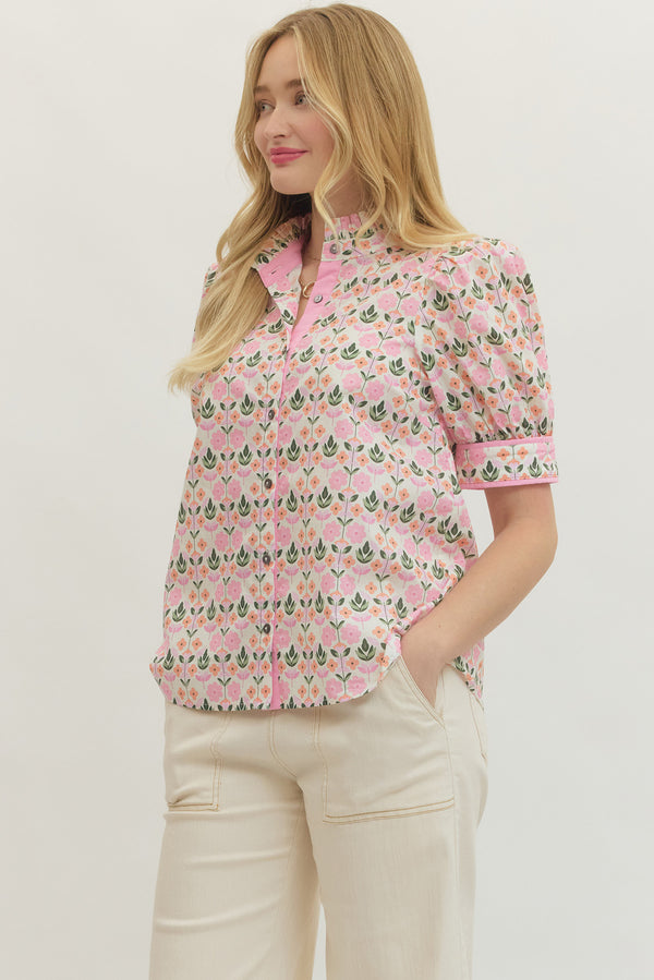 Botanical Print Puff Sleeve Top- Pink