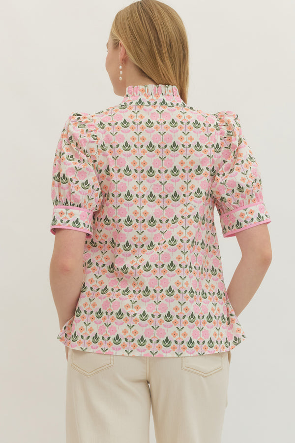 Botanical Print Puff Sleeve Top- Pink