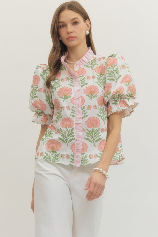Floral Ruffle Top- Ivory