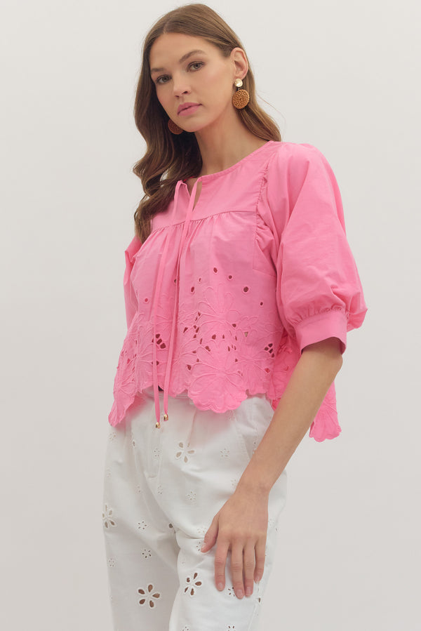 Floral Eyelet Top- Pink