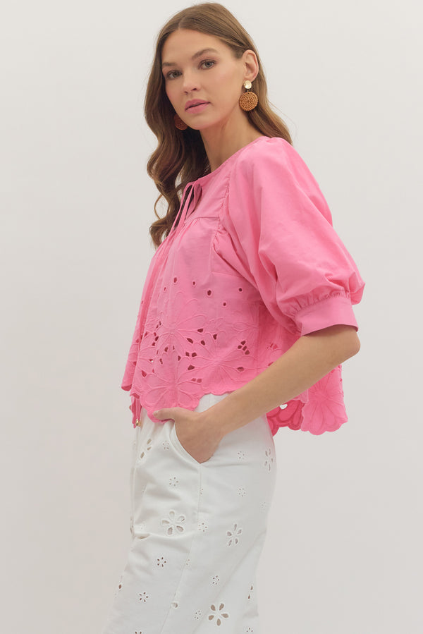 Floral Eyelet Top- Pink