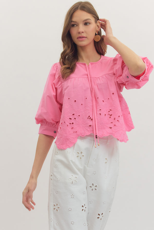 Floral Eyelet Top- Pink