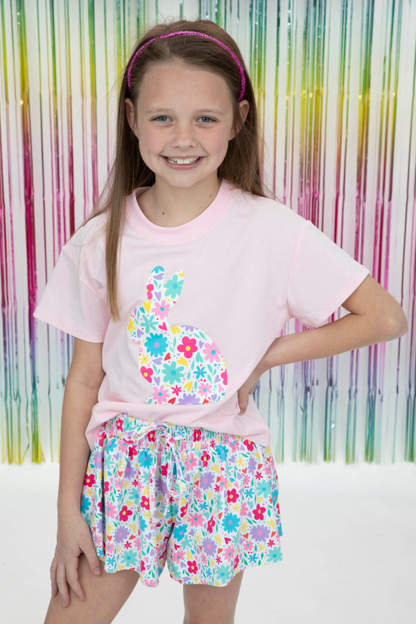 Floral Easter Bunny Boxy T- Light Pink