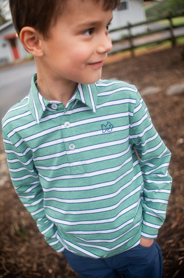 LS Too Cool for School Polo- Frosty Spruce Dark Denim Stripe