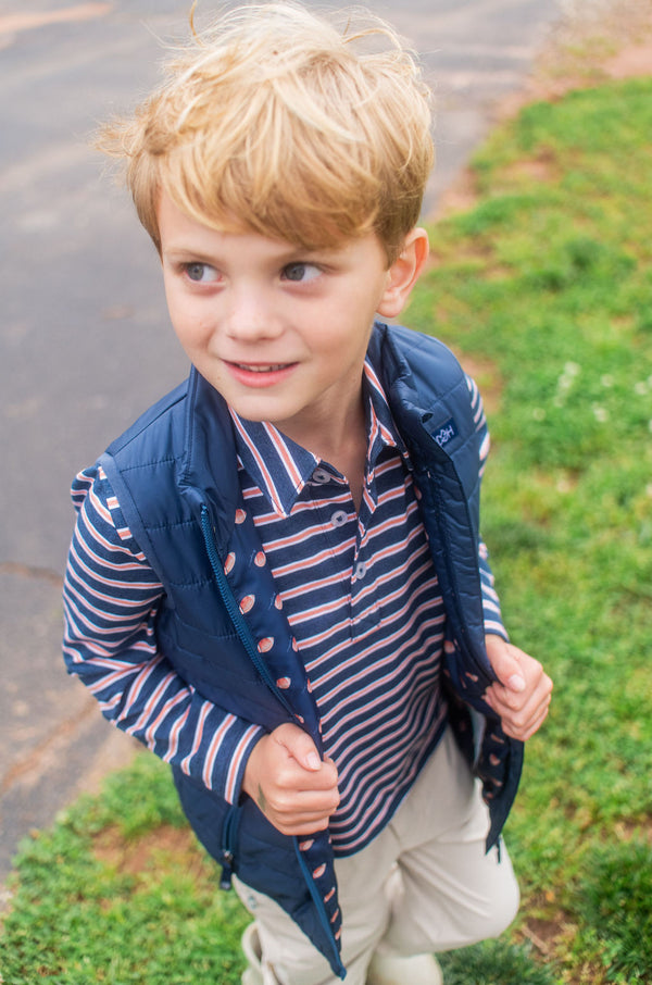 LS Too Cool for School Polo- Dark Denim Crabapple Stripe