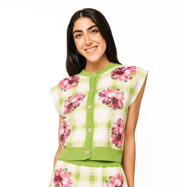 Green Plaid Azalea Button Up Tank Sweater- (Women's)