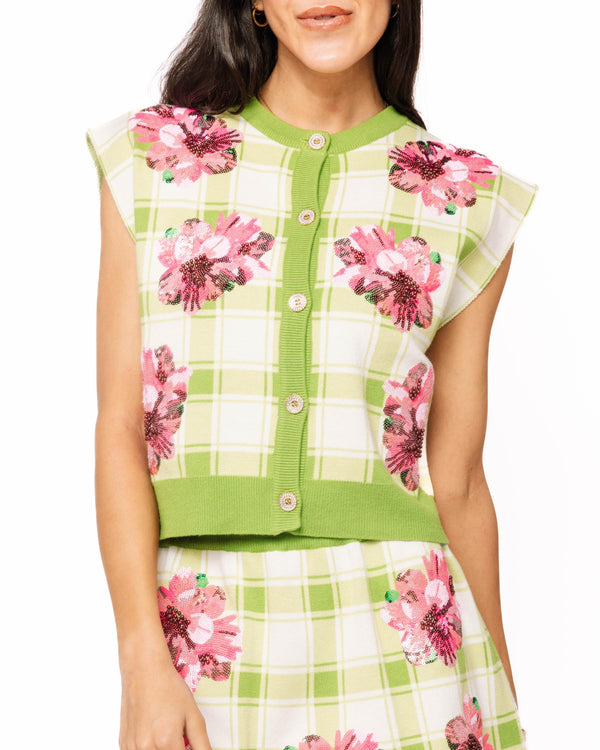 Green Plaid Azalea Button Up Tank Sweater- (Women's)