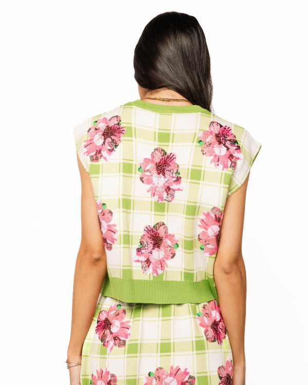 Green Plaid Azalea Button Up Tank Sweater- (Women's)