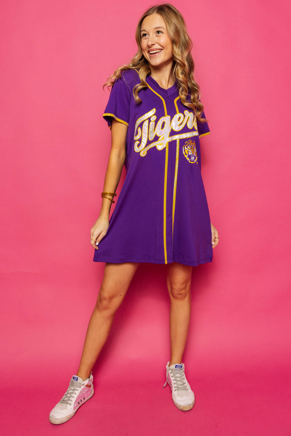 Purple LSU Tigers Baseball Jersey Tee Dress- (Women's)