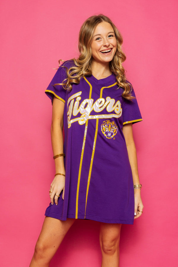 Purple LSU Tigers Baseball Jersey Tee Dress- (Women's)