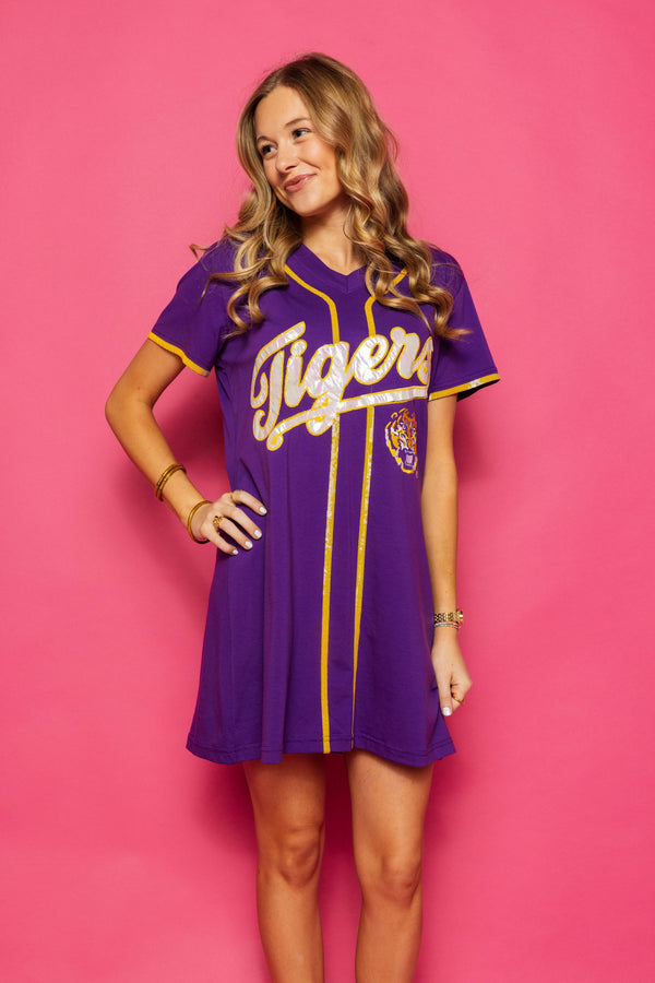 Purple LSU Tigers Baseball Jersey Tee Dress- (Women's)