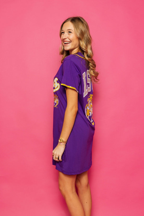 Purple LSU Tigers Baseball Jersey Tee Dress- (Women's)