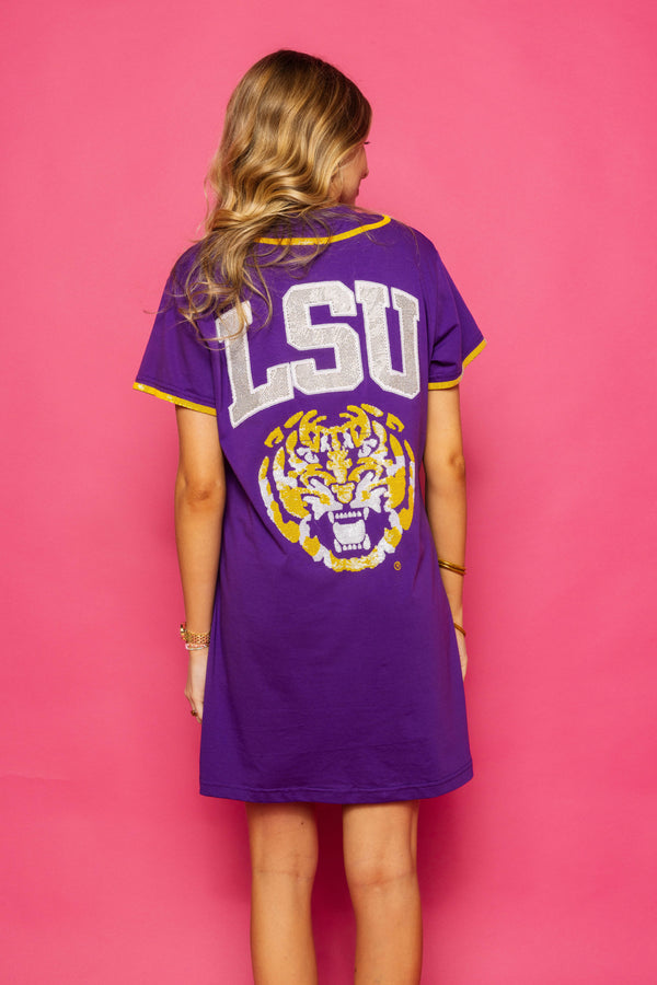 Purple LSU Tigers Baseball Jersey Tee Dress- (Women's)