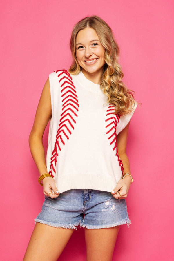 White Baseball Stitch Sweater Vest- (Women's)