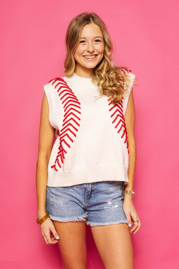 White Baseball Stitch Sweater Vest- (Women's)