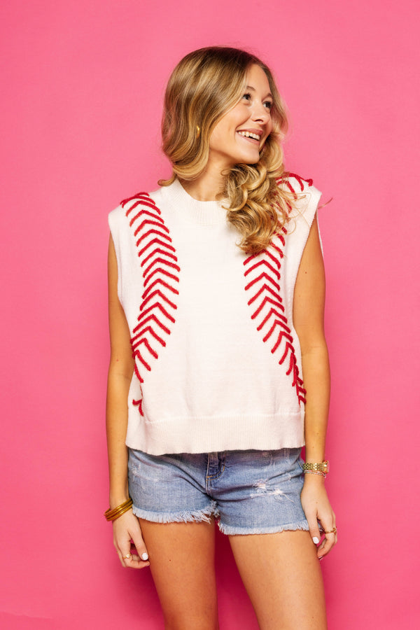 White Baseball Stitch Sweater Vest- (Women's)