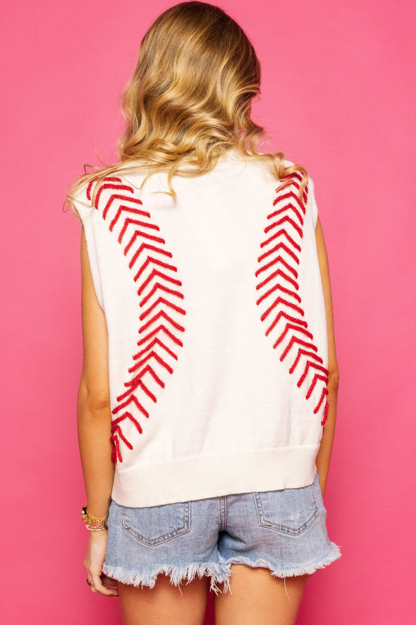 White Baseball Stitch Sweater Vest- (Women's)