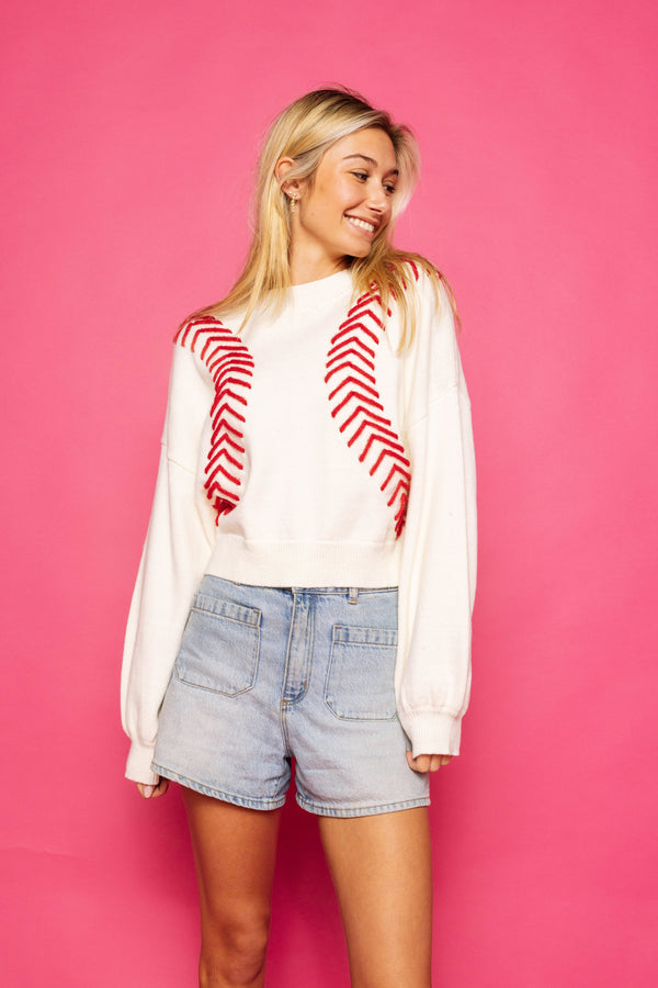 White Baseball Stitch Long Sleeve Sweater- (Women's)