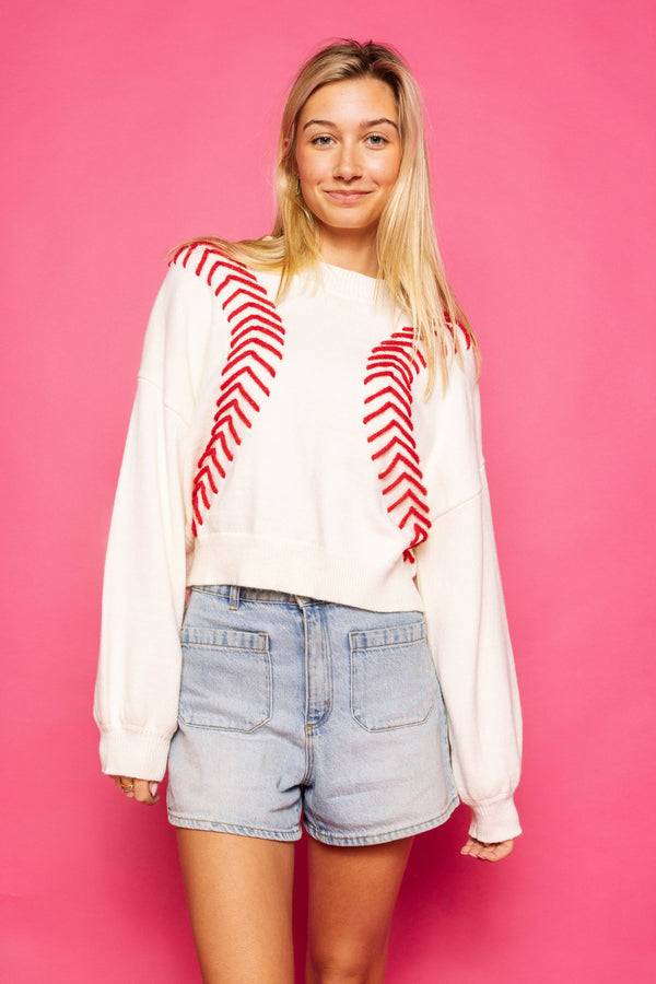 White Baseball Stitch Long Sleeve Sweater- (Women's)