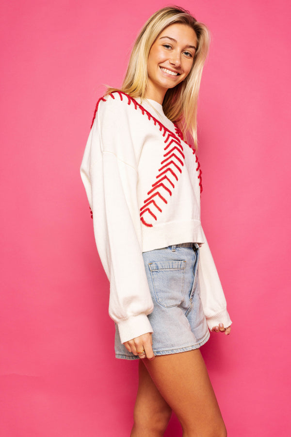 White Baseball Stitch Long Sleeve Sweater- (Women's)