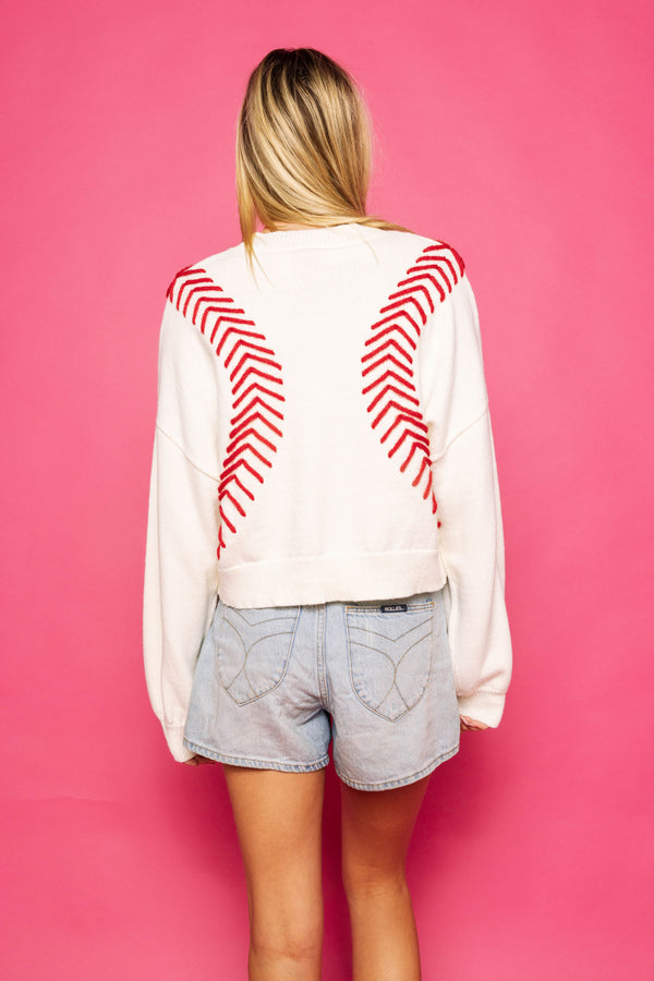 White Baseball Stitch Long Sleeve Sweater- (Women's)