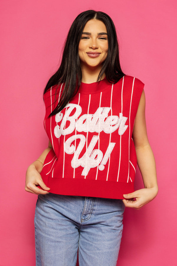 Red & White Stripe 'Batter Up' Sweater Vest- (Women's)