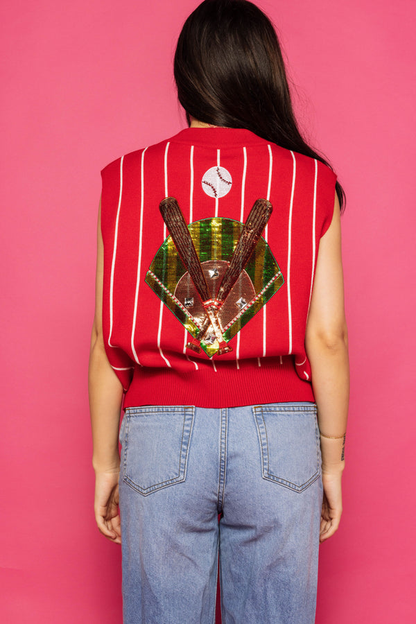 Red & White Stripe 'Batter Up' Sweater Vest- (Women's)
