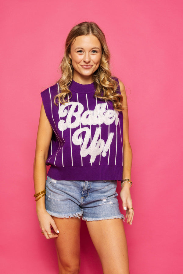 Purple & White Stripe 'Batter Up' Sweater Vest- (Women's)