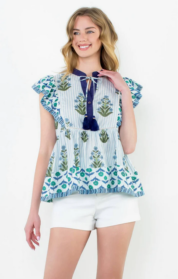 Flutter Sleeve Floral Tassel Tie Top- Blue