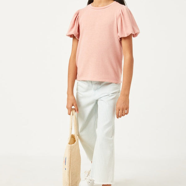 Puff Sleeve Knit T Shirt- Pink