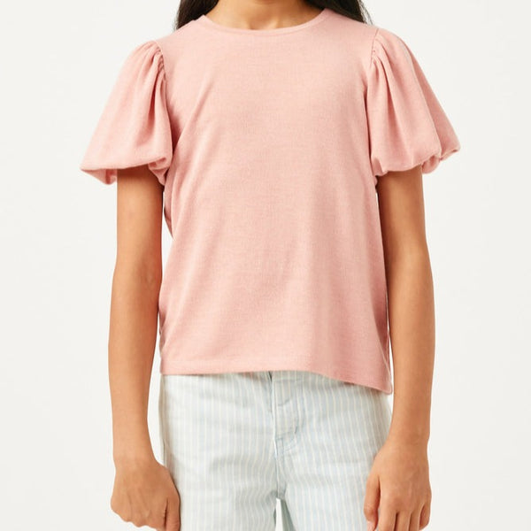 Puff Sleeve Knit T Shirt- Pink