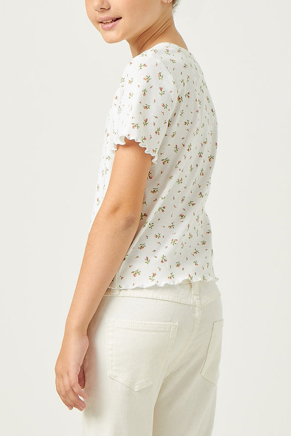 Button Detail Ditsy Floral Knit T Shirt