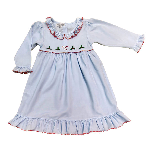Blue Gown W/Red Trim- Candy Cane & Holly