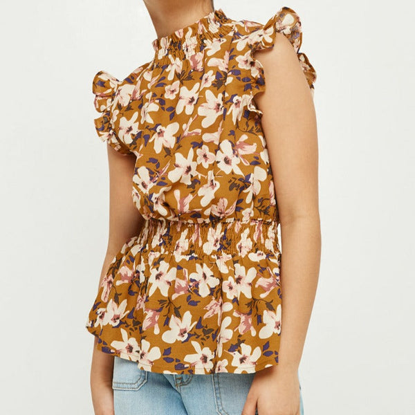 Floral Smocked Neck Sleeveless Top- Mustard