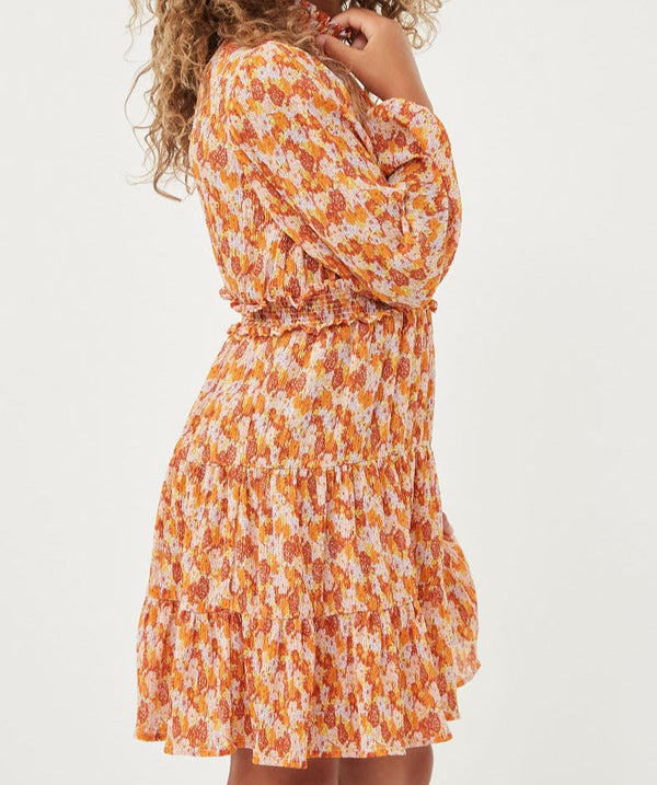 Floral Print Smocked Detail Puff Sleeve Dress- Rust