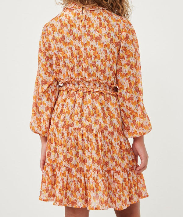 Floral Print Smocked Detail Puff Sleeve Dress- Rust