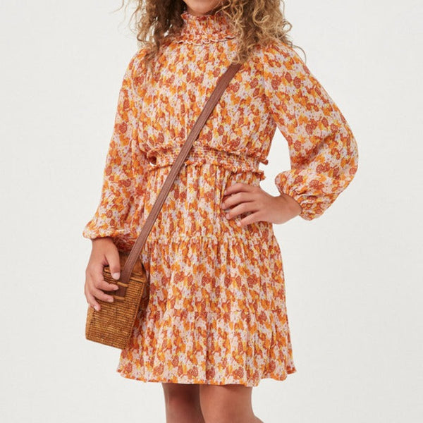 Floral Print Smocked Detail Puff Sleeve Dress- Rust