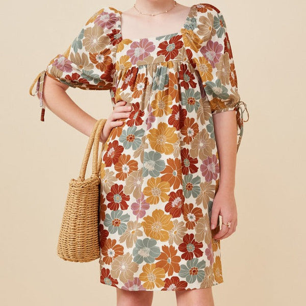 Earthy Floral Square Neck Tie Sleeve Dress- Mustard Mix