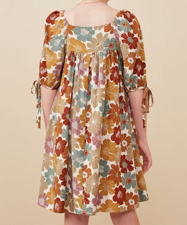 Earthy Floral Square Neck Tie Sleeve Dress- Mustard Mix