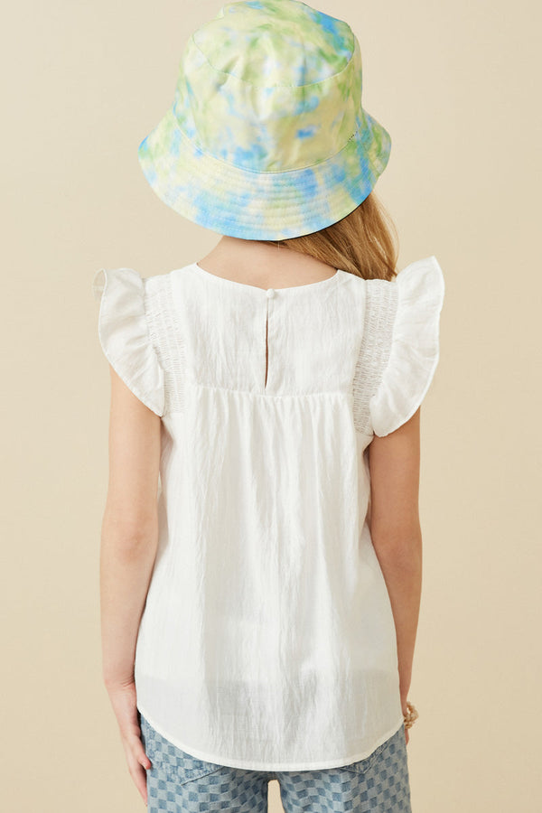 Smocked Detail Ruffle Shoulder Top- White