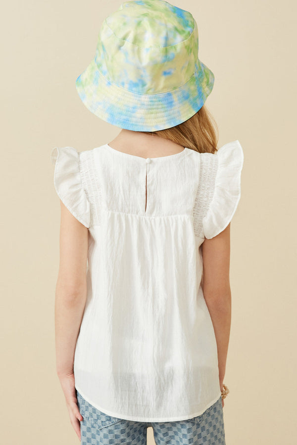 Smocked Detail Ruffle Shoulder Top- Off White