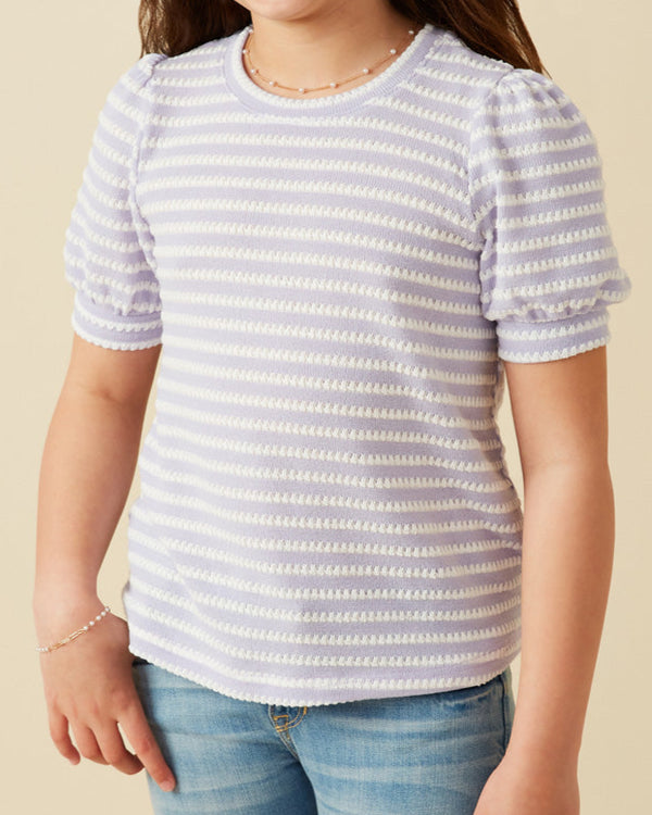 Textured Stripe Puff Sleeve Knit Top- Lavender Stripe