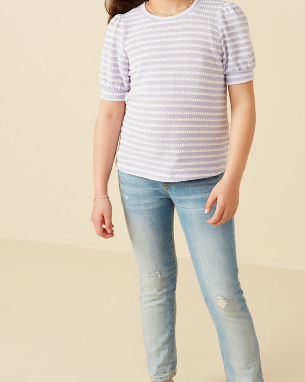 Textured Stripe Puff Sleeve Knit Top- Lavender Stripe