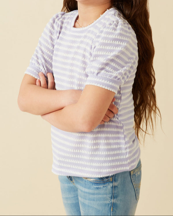Textured Stripe Puff Sleeve Knit Top- Lavender Stripe