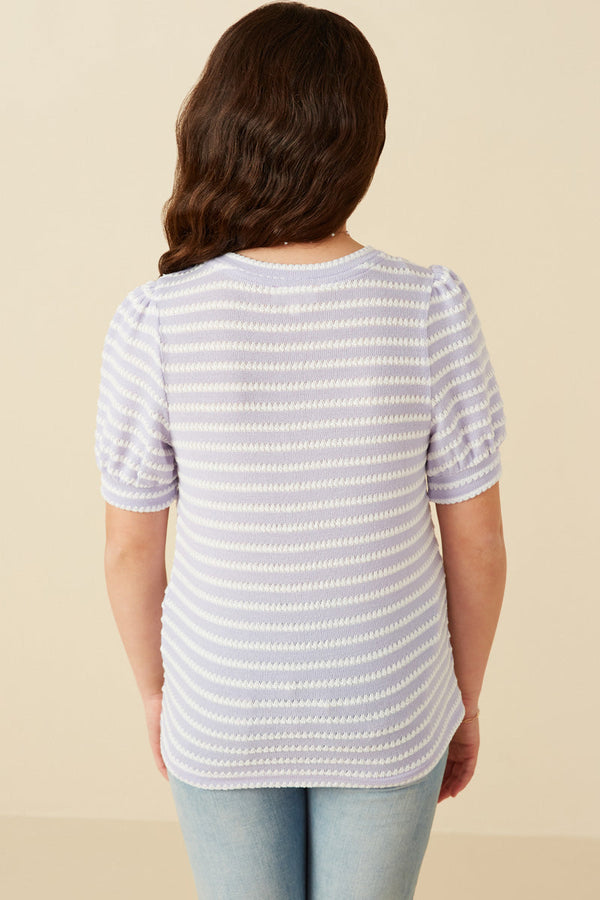 Textured Stripe Puff Sleeve Knit Top- Lavender Stripe