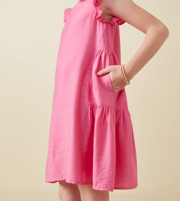 Side Panel Detailed Ruffle Sleeve Dress- Pink
