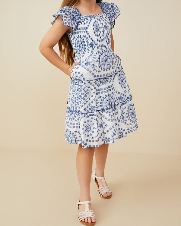 Eyelet Embroidered Scalloped Ruffle Dress