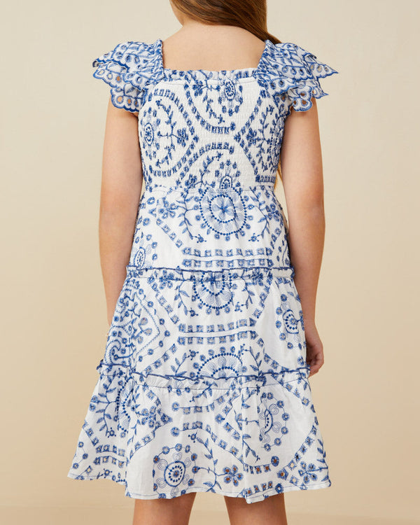 Eyelet Embroidered Scalloped Ruffle Dress