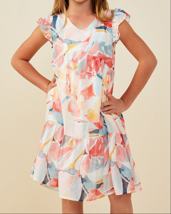 Large Floral Print V Neck Ruffle Sleeve Dress